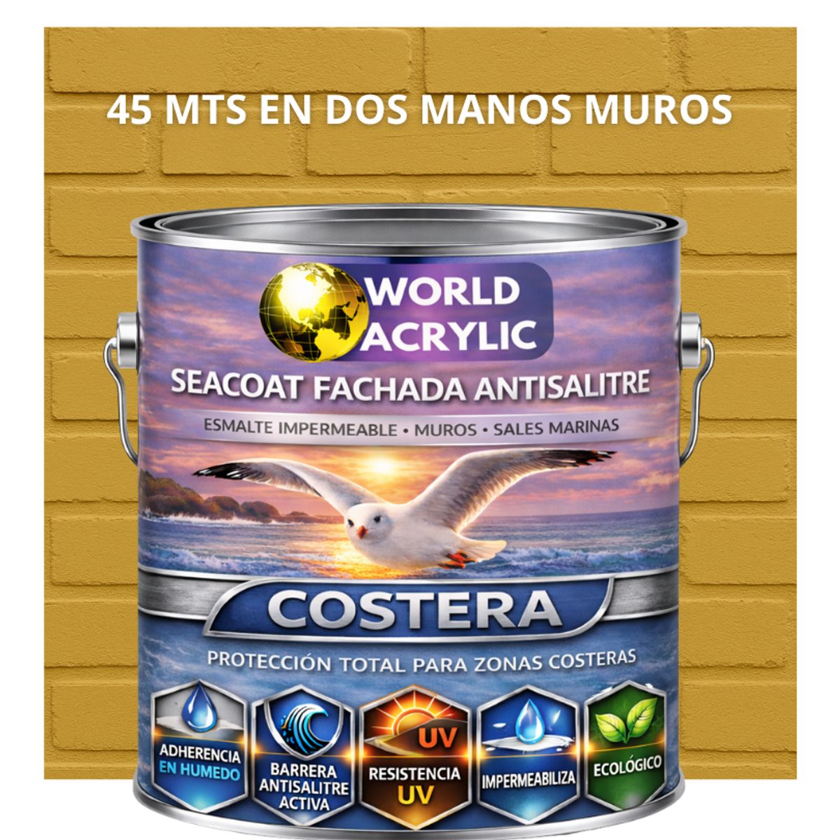 WORLD ACRYLIC - PINTURA MUROS HIDRORREPELENTE - SEACOAT FACHADA ANTISALITRE - AMARILLO ARENA- GALON