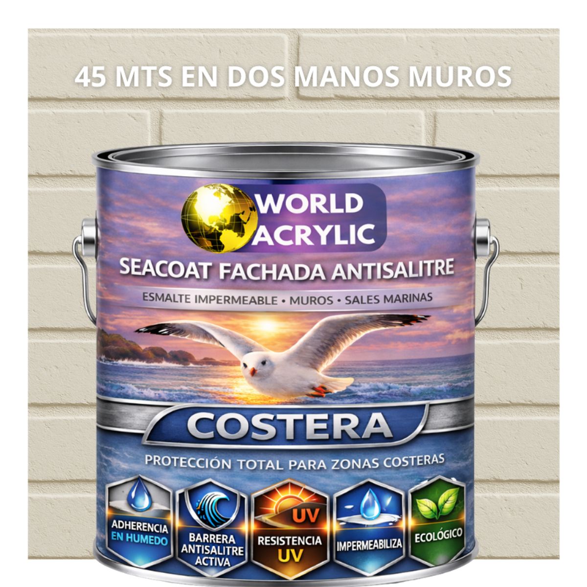 WORLD ACRYLIC - PINTURA MUROS HIDRORREPELENTE - SEACOAT FACHADA ANTISALITRE - BLANCO OSTRA- GALON
