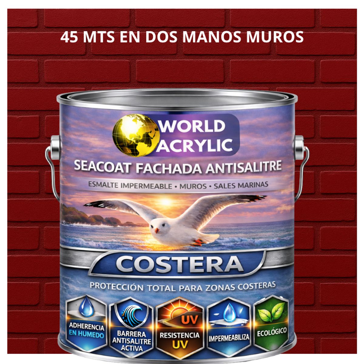 WORLD ACRYLIC - PINTURA MUROS HIDRORREPELENTE - SEACOAT FACHADA ANTISALITRE - ROJO RUBÍ- GALON