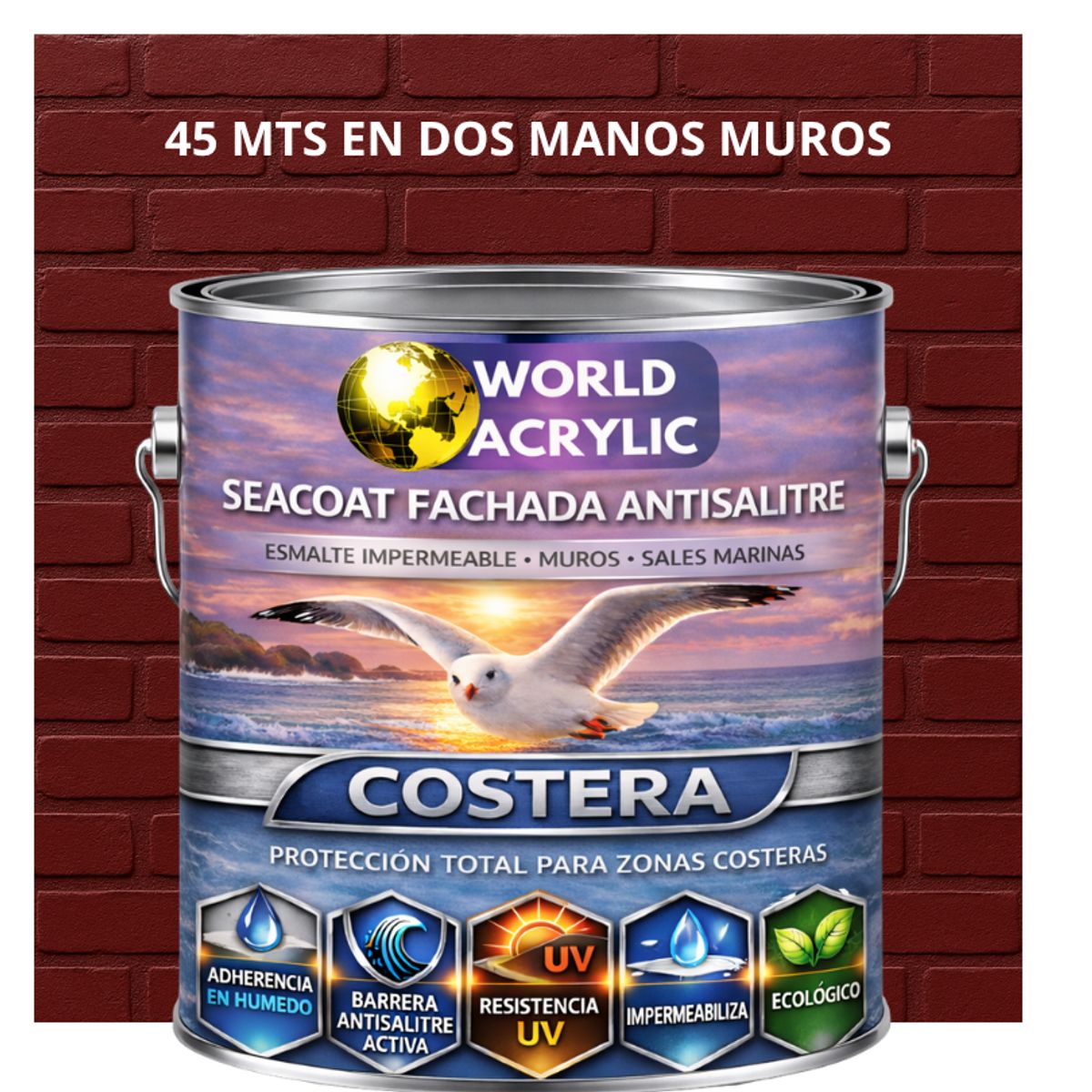 WORLD ACRYLIC - PINTURA MUROS HIDRORREPELENTE - SEACOAT FACHADA ANTISALITRE - ROJO VINO - GALON
