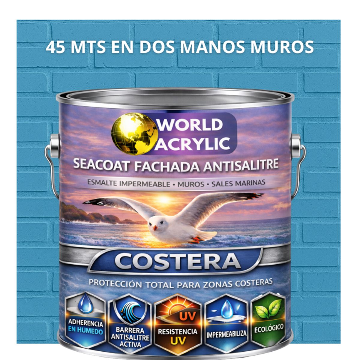 WORLD ACRYLIC - PINTURA MUROS HIDRORREPELENTE - SEACOAT FACHADA ANTISALITRE - AZUL CIELO - GALON