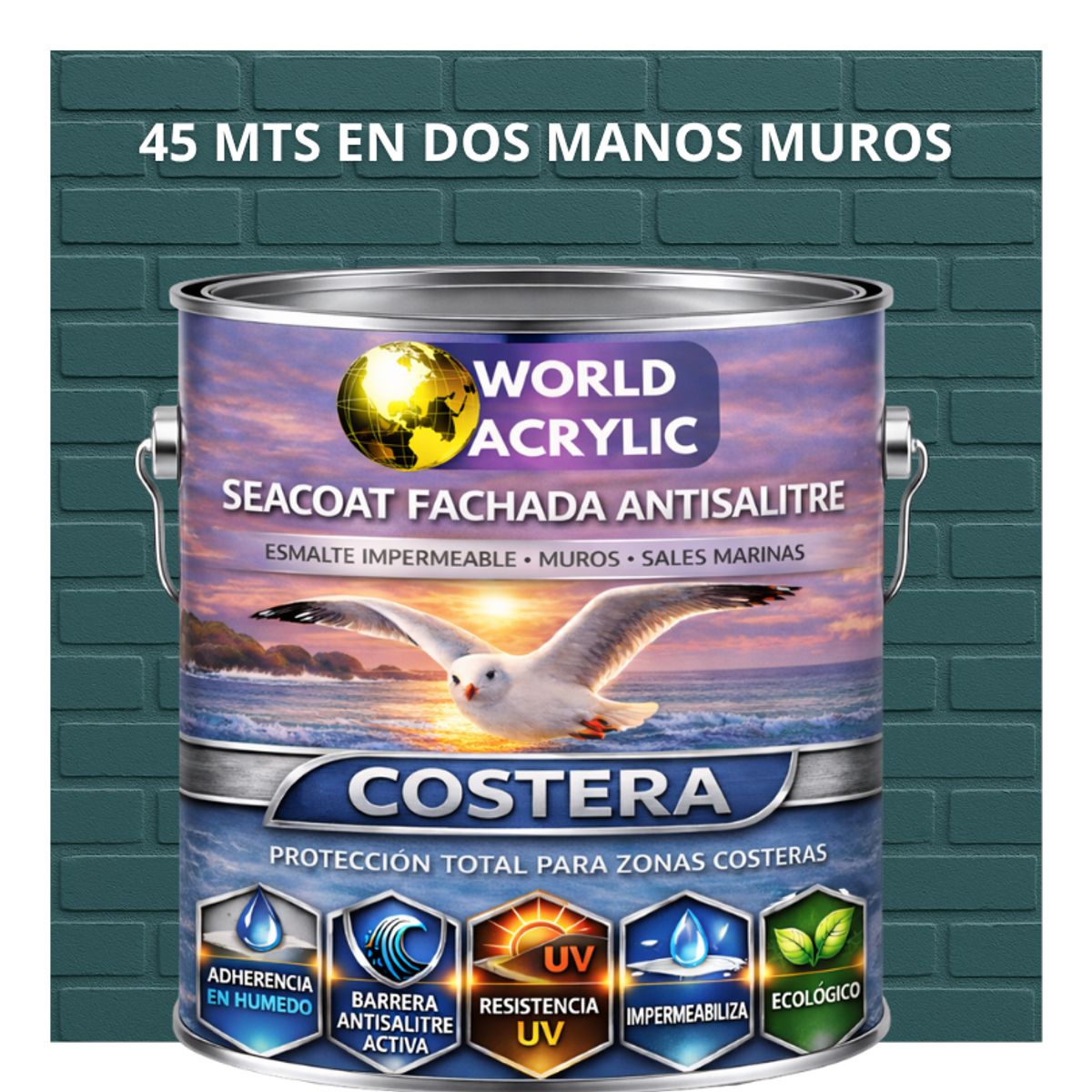 WORLD ACRYLIC - PINTURA MUROS HIDRORREPELENTE - SEACOAT FACHADA ANTISALITRE - AZUL PETRÓLEO  - GALON