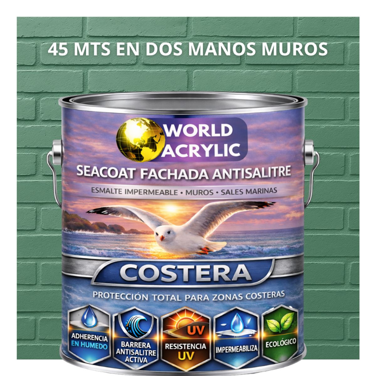WORLD ACRYLIC - PINTURA MUROS HIDRORREPELENTE - SEACOAT FACHADA ANTISALITRE - VERDE PÁTINA  - GALON