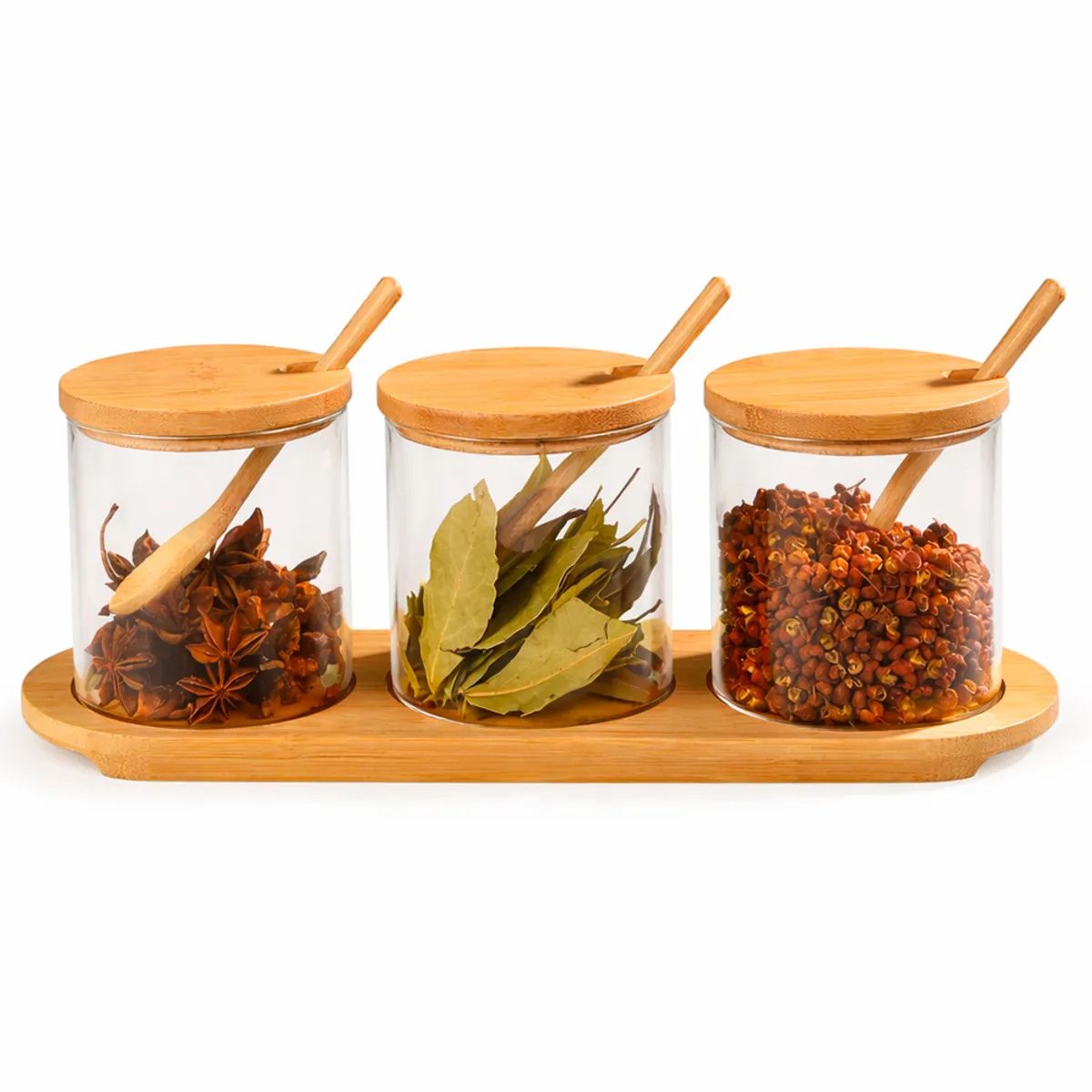 IRM - Set Especiero De Vidrio 3 Frascos Condimenteros Con Tapa Bambú y Cuchara