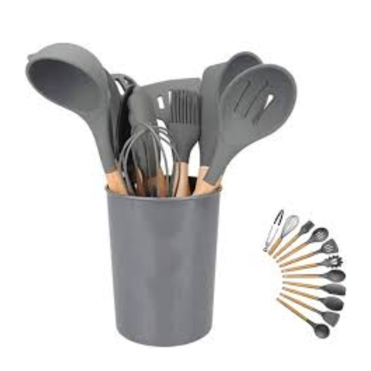 GENERICO - Set 12 Utensilios Cocina Silicon Madera Antiadherente Vaso