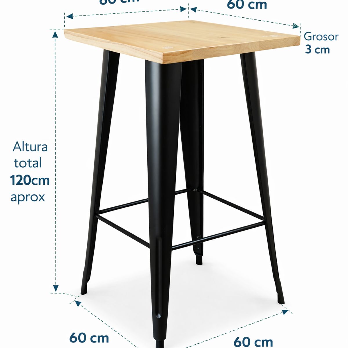 GENERICO - Mesa Alta Tipo Bar Industrial Madera y Metal 60x60 cm