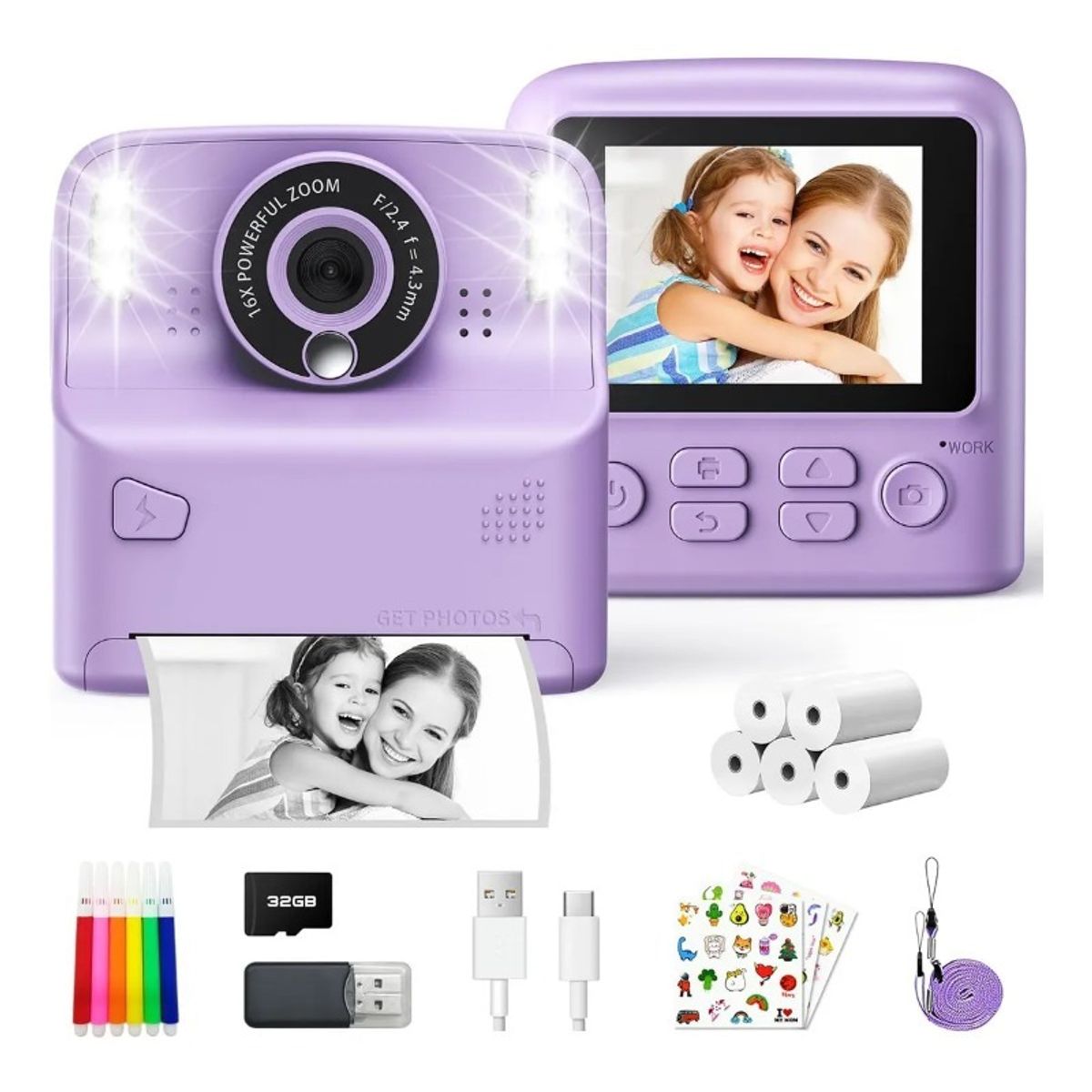 GIOIO - Cámara Instantánea Infantil Impresión Térmica Para Niños 32gb Color Violeta