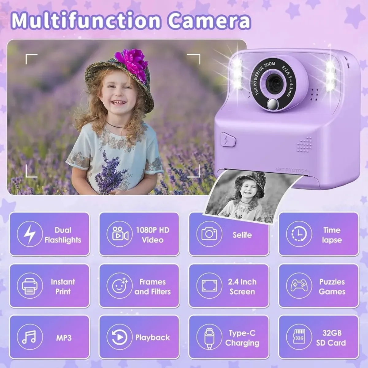 GIOIO - Cámara Instantánea Infantil Impresión Térmica Para Niños 32gb Color Violeta