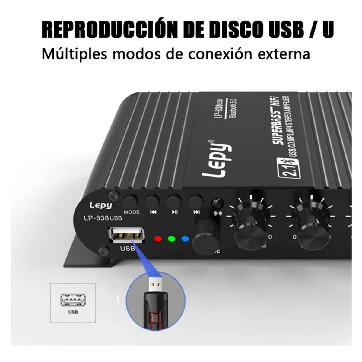 GIOIO - Amplificador 2.1 Hifi Stereo Subwoofer Con Bluetooth Usb 12v