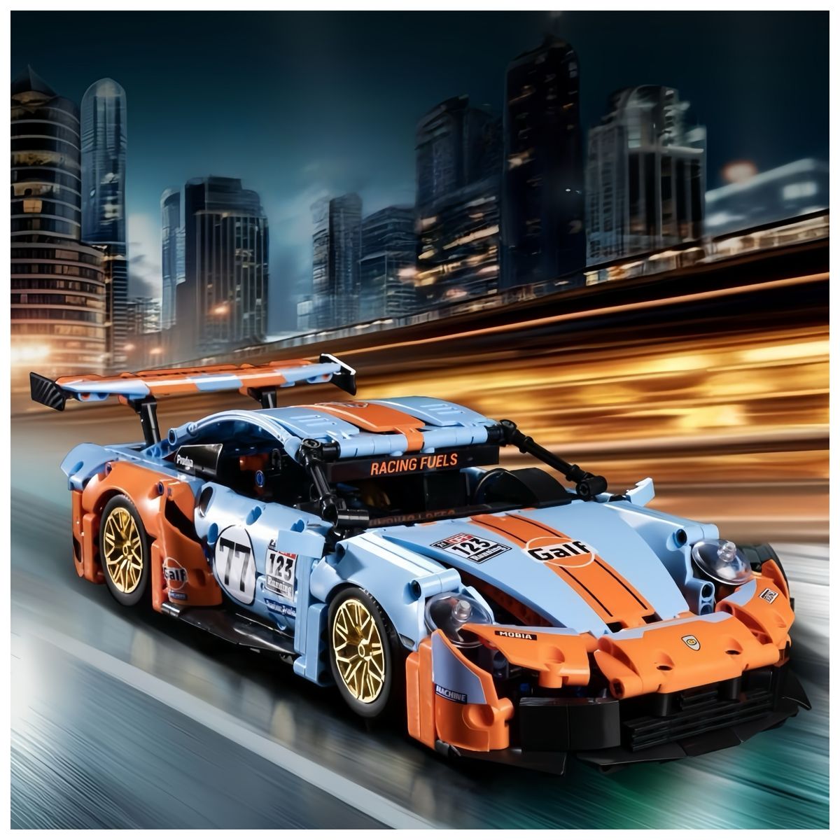 AZULAMAR - Juguete Bloques De Coche Carreras Deportivo Regalo Porsche 911 de Gulf Oil automóvil de escala 1/14