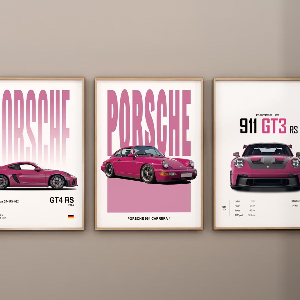 GENERICO - Cuadro Porsche 911 Rosa Set 3 Cuadros Autos Deportivos Decoración Automovilismo + Marco Negro