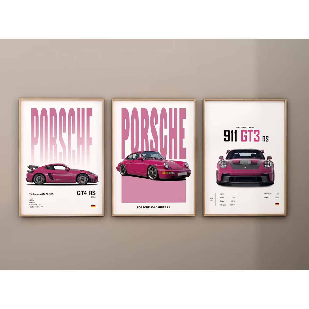 GENERICO - Cuadro Porsche 911 Rosa Set 3 Cuadros Autos Deportivos Decoración Automovilismo + Marco Negro