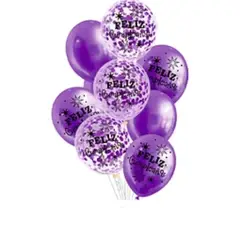 GENERICO - Set de globos látex feliz cumpleaños morado con confeti 9pcs