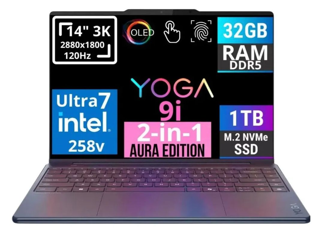 Notebook NEW Yoga 9i AURA EDITION 14" 3k 2-EN-1 OLED INTEL ULTRA 7 258V SSD 1TB 32GB RAM