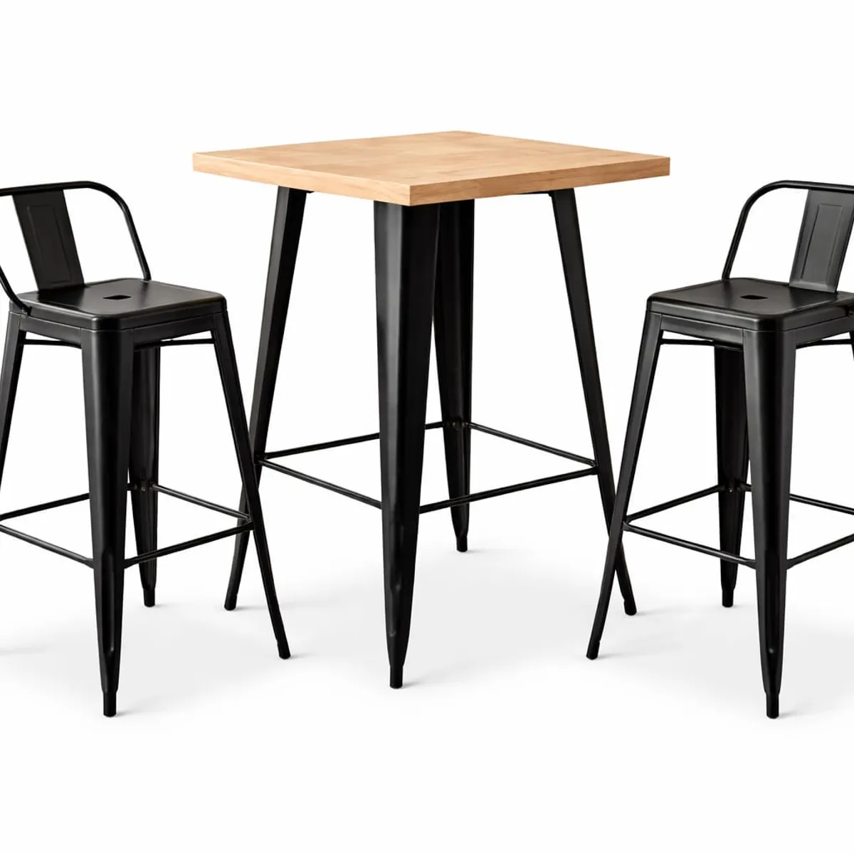 GENERICO - Set Mesa Alta + 2 Sillas Tipo Bar Estilo Industrial Madera y Metal Negro