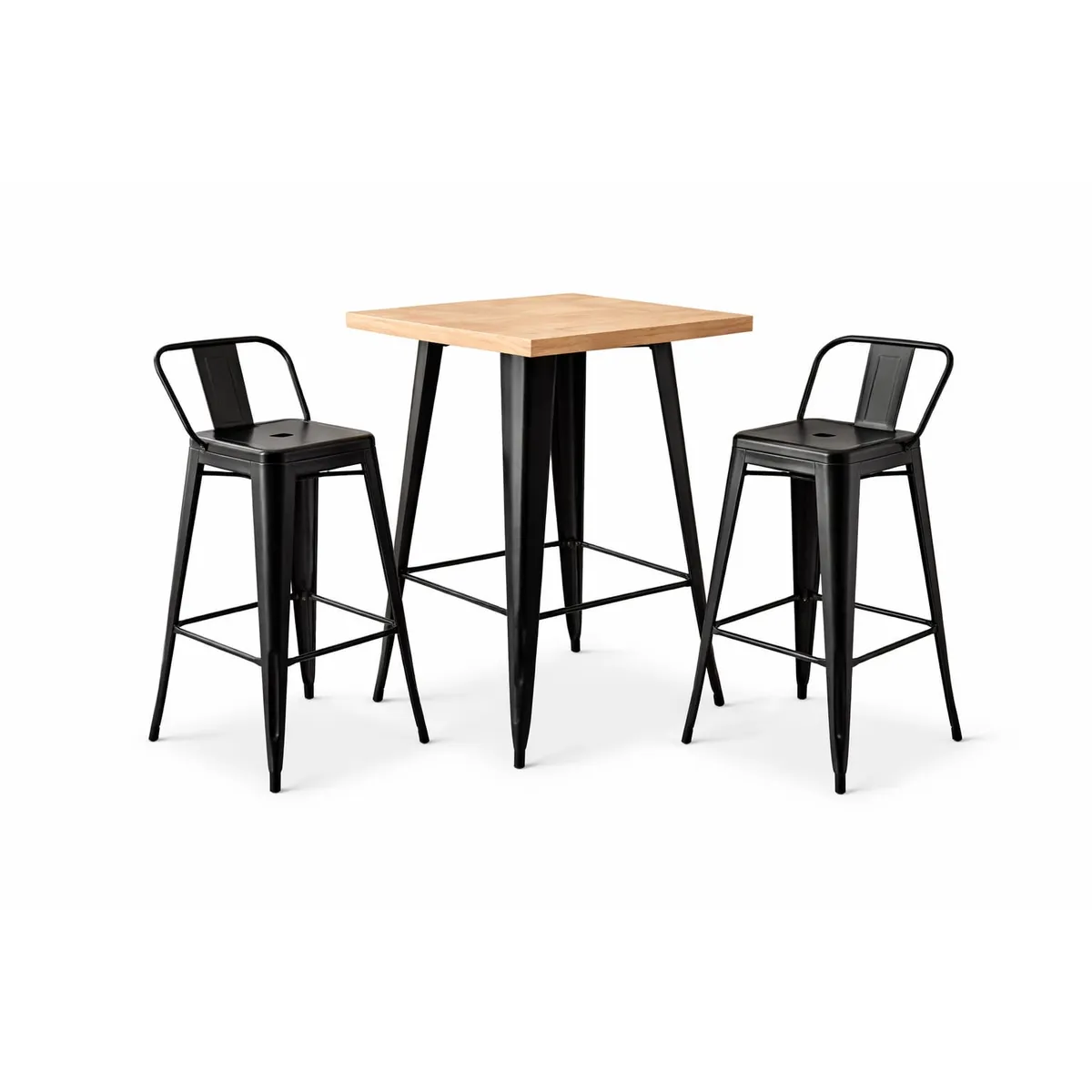 GENERICO - Set Mesa Alta + 2 Sillas Tipo Bar Estilo Industrial Madera y Metal Negro