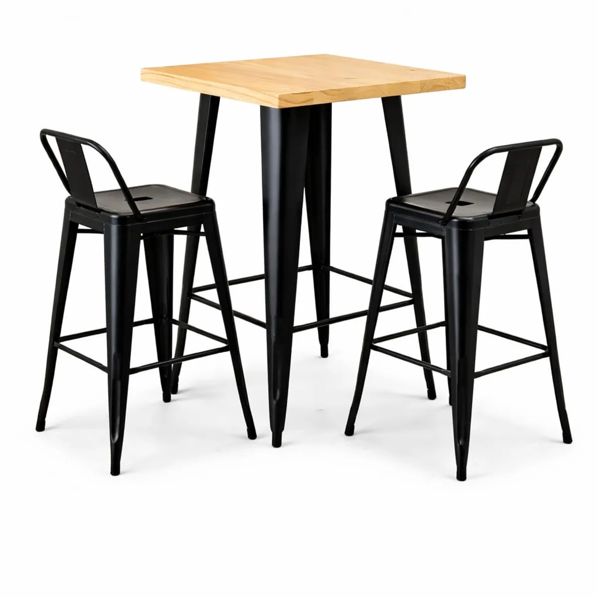 GENERICO - Set Mesa Alta + 2 Sillas Tipo Bar Estilo Industrial Madera y Metal Negro