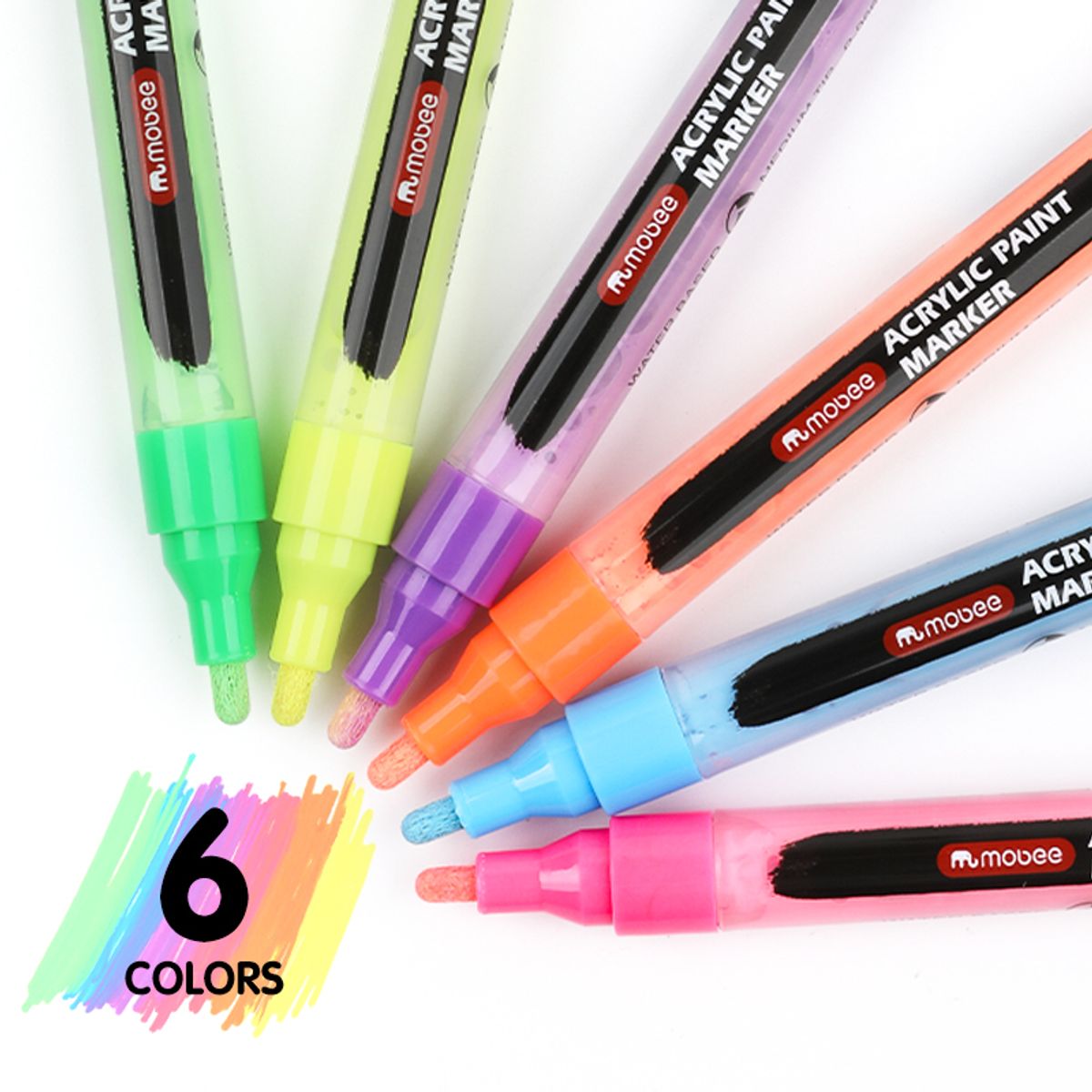 GENERICO - Marcadores Acrílicos Mobee 6 Colores Neón Punta Media