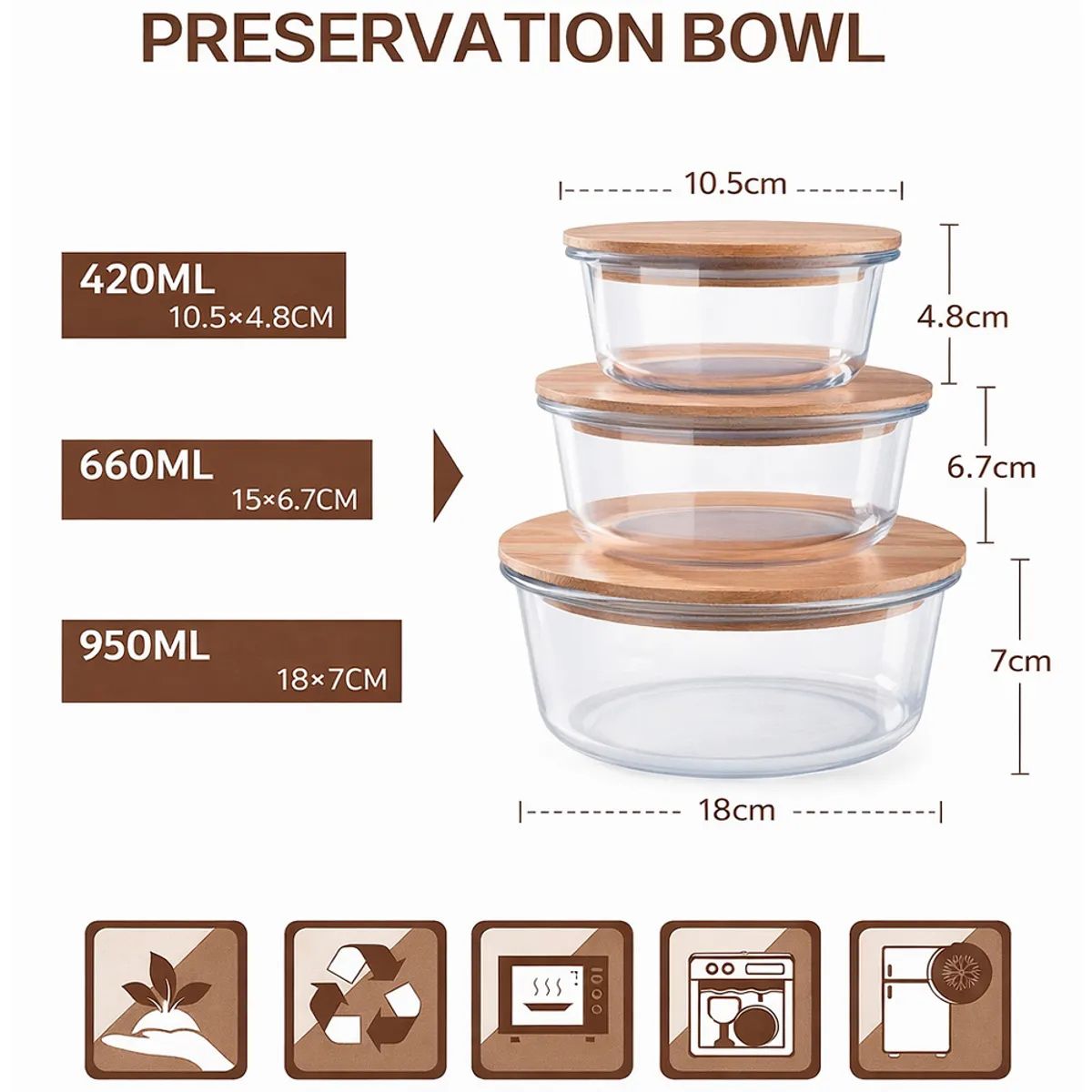 IRM - Set 3 Recipientes de Vidrio con Tapa de Bambu Tarro de Almacenamiento Hermetico BPA FREE