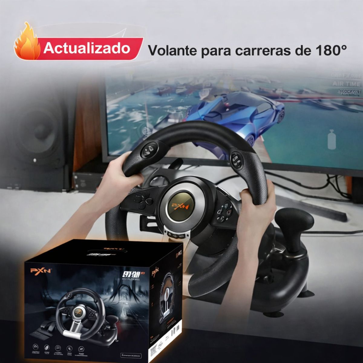 MOVI - Volante Gamer para PC, PS4, Xbox, Switch y Android con Pedales y Vibración  Simulador Universal