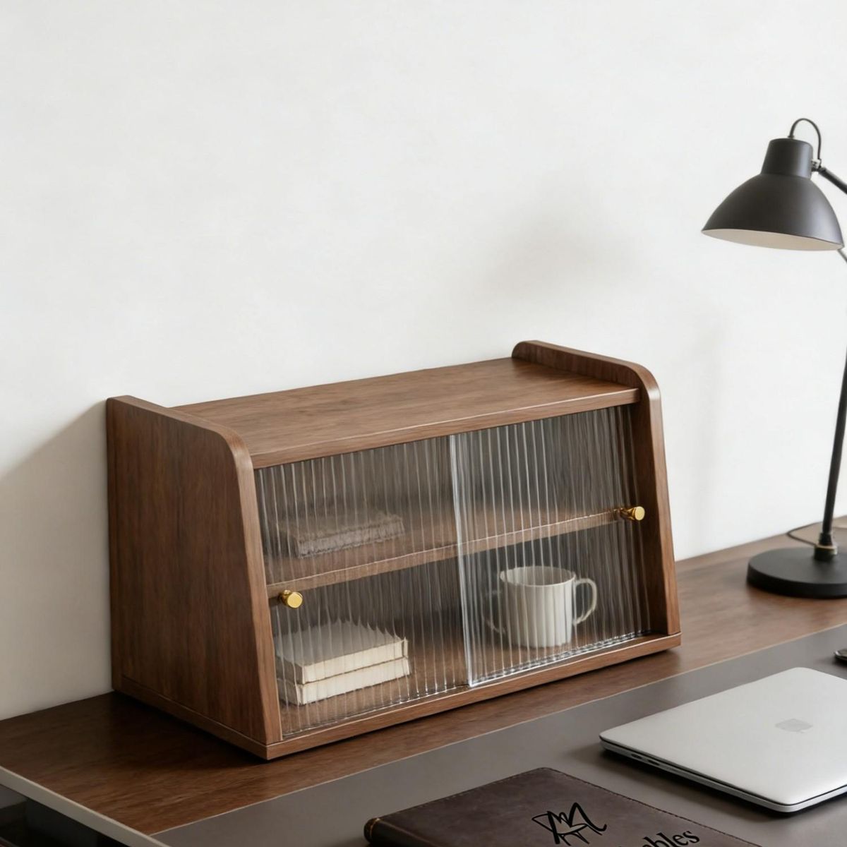 GENERICO - Organizador Escritorio Mini Mueble De Escritorio Multiuso Vitrina 2 Niveles Puertas Correderas 60x30x40cm