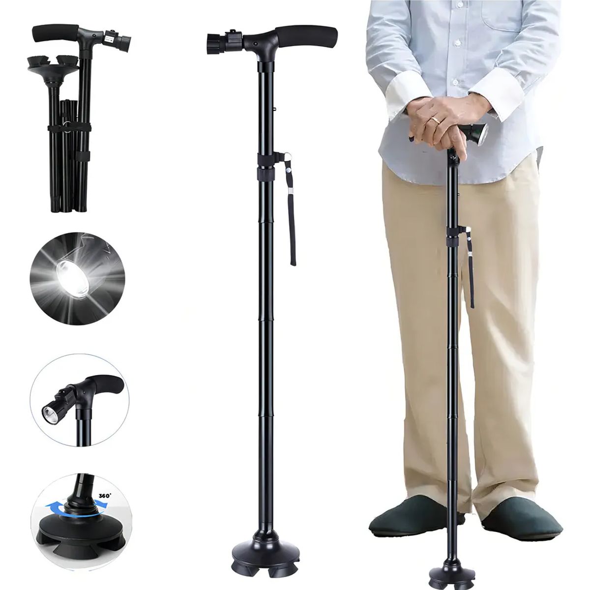 GENERICO - Baston Plegable Caminador Ajustable  Luz Led Negro