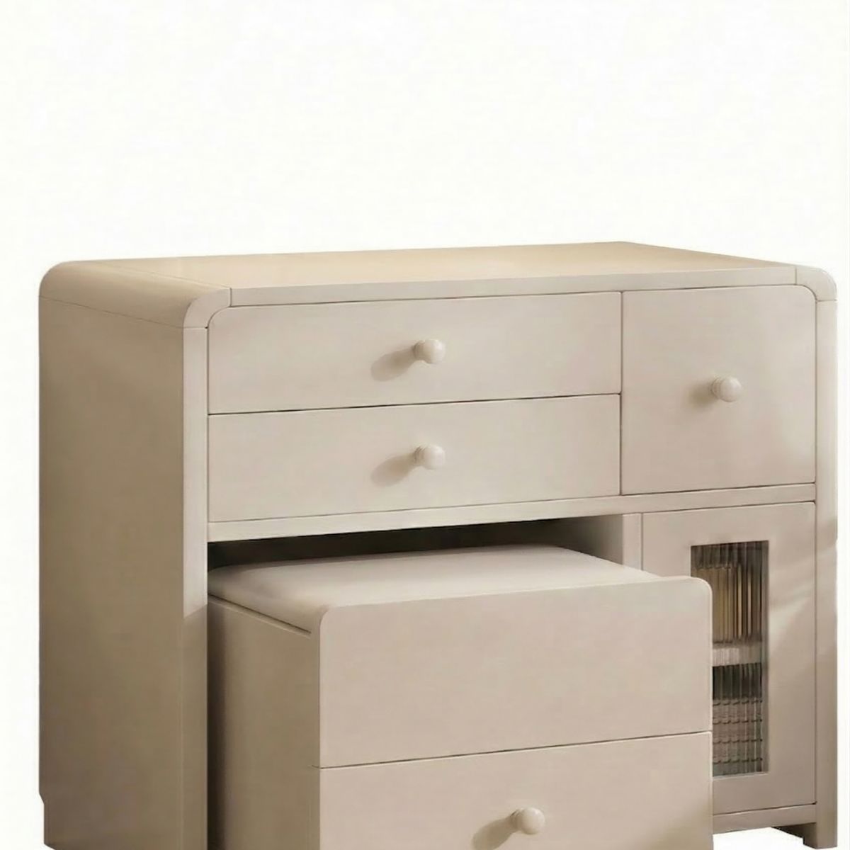 GENERICO - Tocador Creamy Madera Sólida Taburete Minimalista Elegante Diseño Curvo Y Vidrio Estriado 80x40x78cm