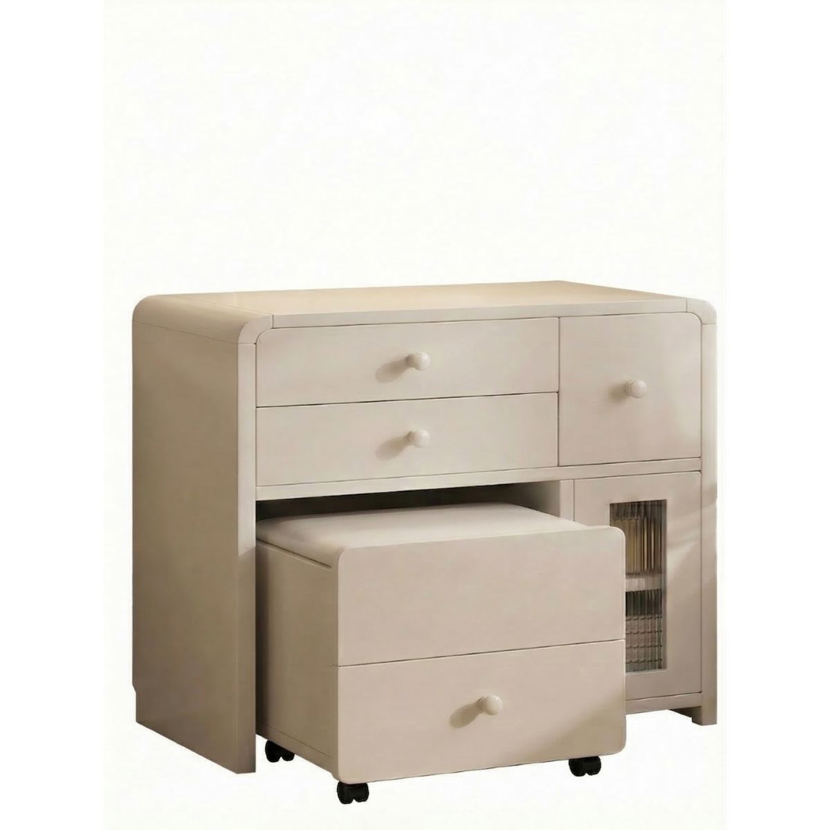 GENERICO - Tocador Creamy Madera Sólida Taburete Minimalista Elegante Diseño Curvo Y Vidrio Estriado 80x40x78cm