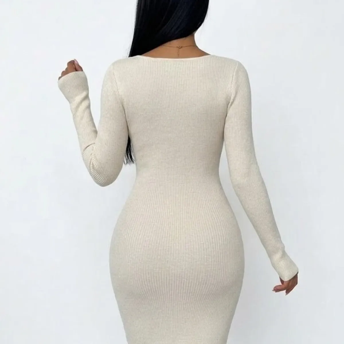 HAMI BOUTIQUE - Vestido Midi Ribbed Beige Crema Ajustado - Diseño Cruzado y Escote en V