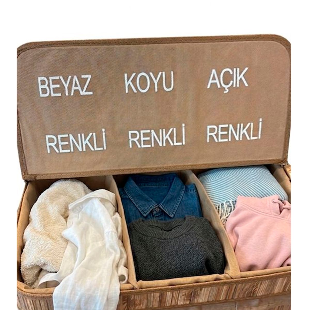 WAKESHOME - Canasto Ropa Sucia Pleglable Cesto Bambu 3 Divisiones con Tapa