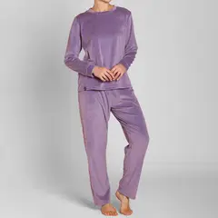 MONARCH - Pijama Plush Cuello Polo Pantalón Liso Mujer