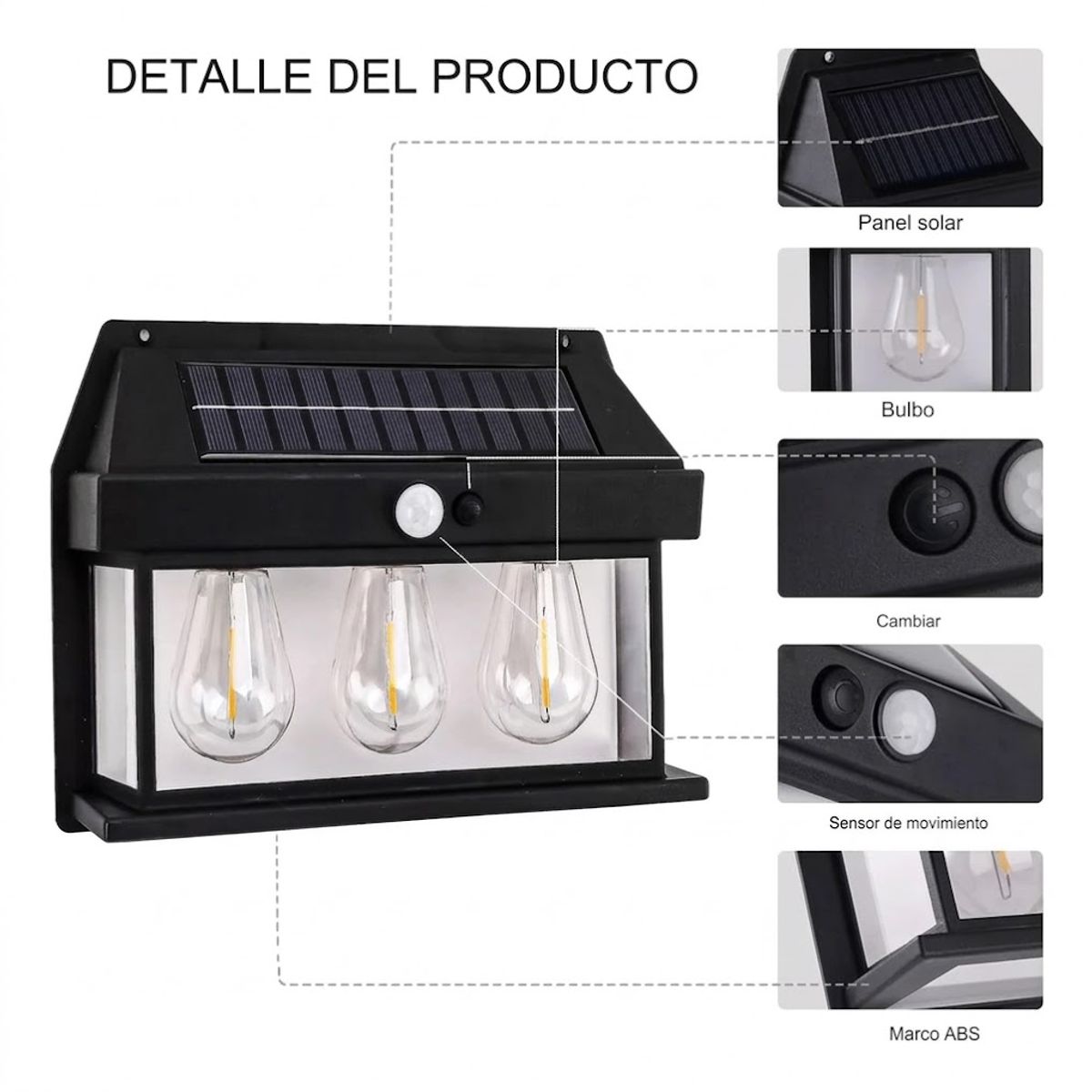 GENERICO - Aplique Lampara Solar Impermeable con Sensor Vintage 3 Led Negro