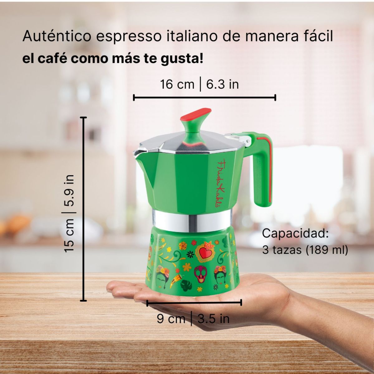 STERN - Cafetera de aluminio Frida Kahlo 3 tazas verde