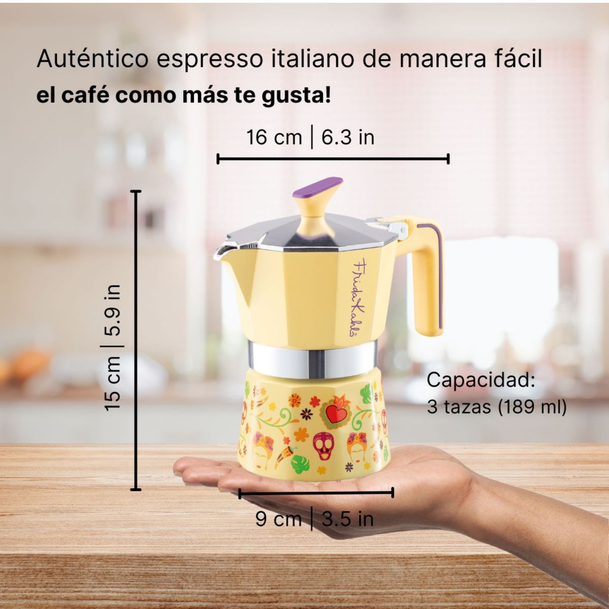 STERN - Cafetera de aluminio Frida Kahlo 3 tazas amarillo