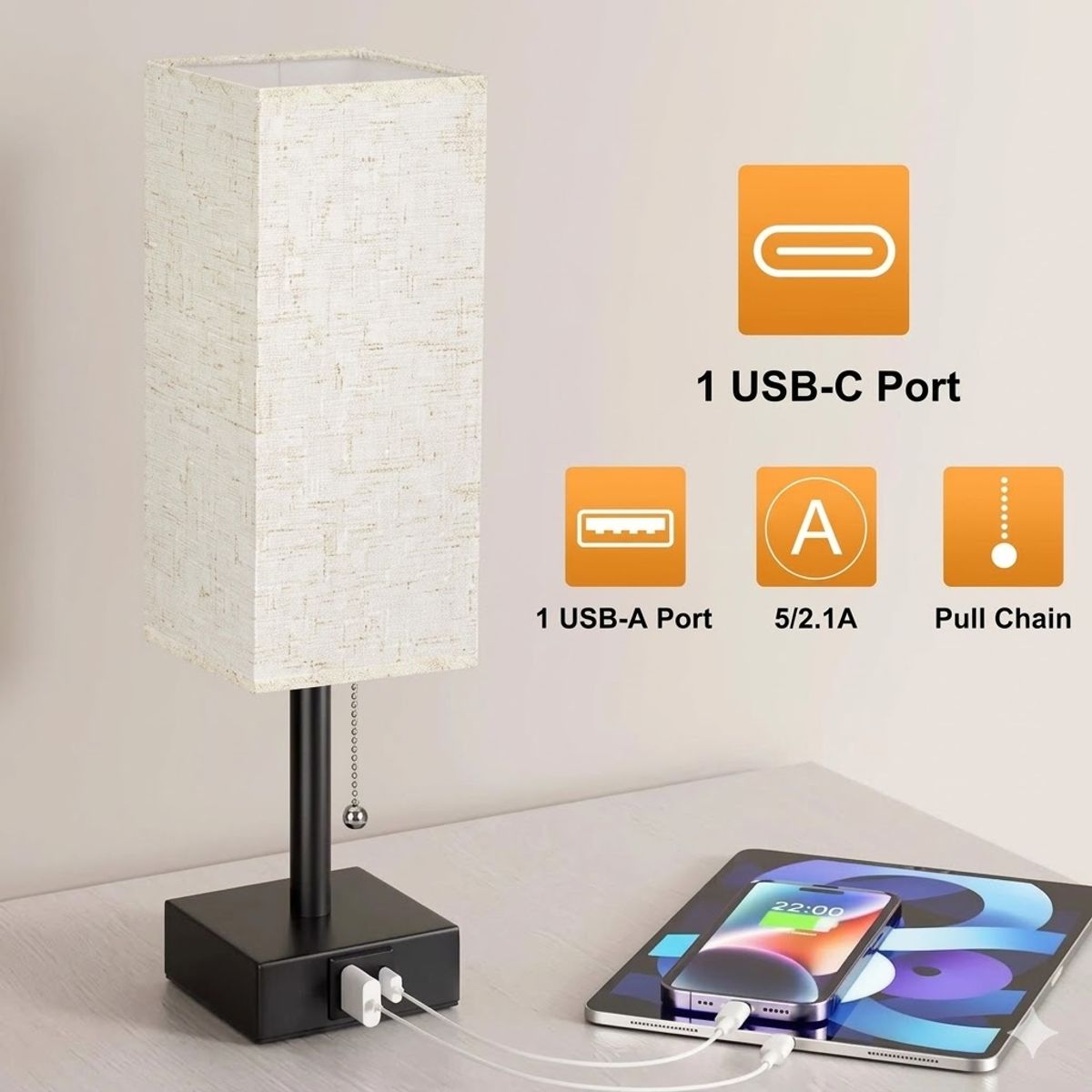 GENERICO - Lámpara para Decoración de Escritoriovelador con Cargador Estructura Negro Pantalla Beige