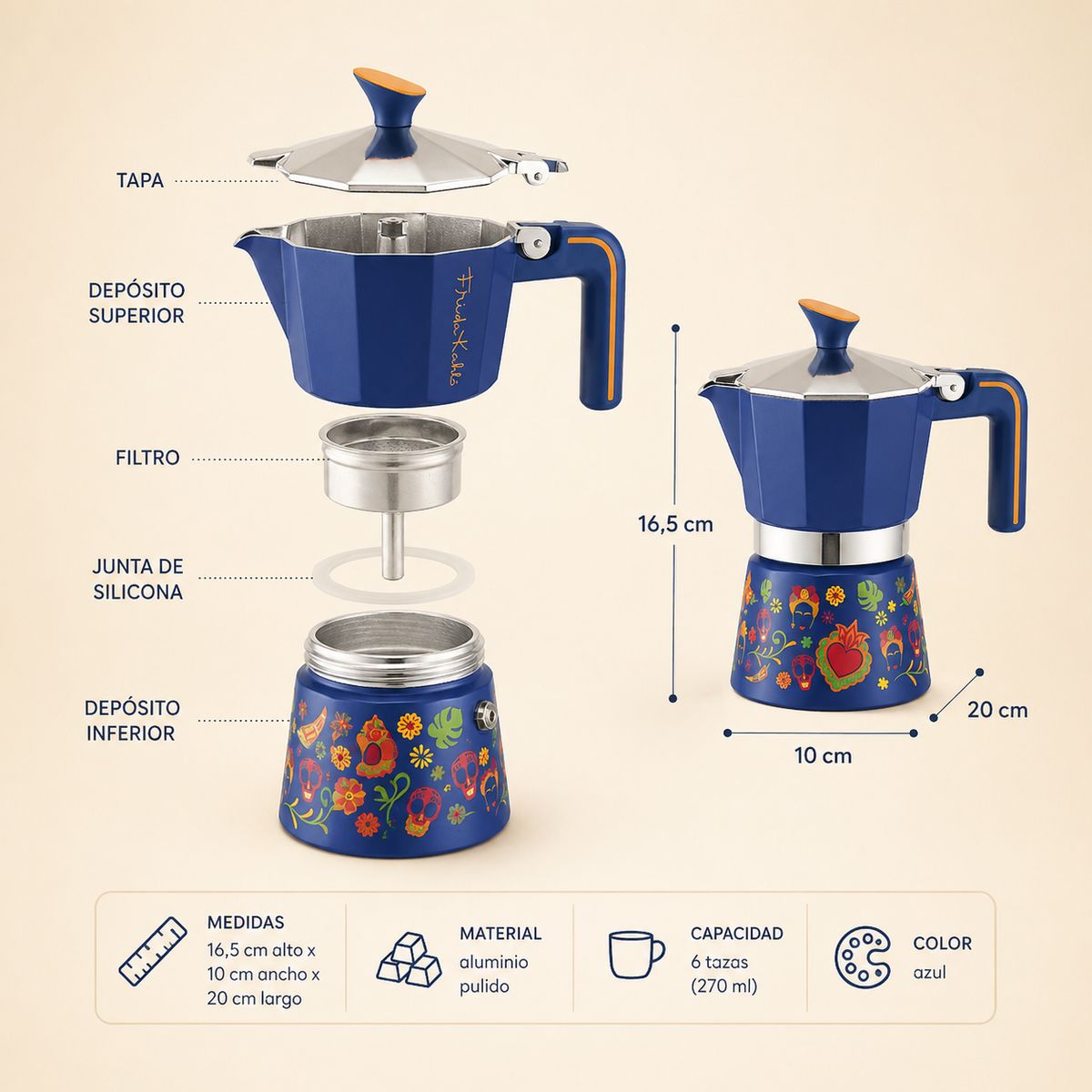 STERN - Cafetera de aluminio Frida Kahlo azul 6 tazas (270 ml)