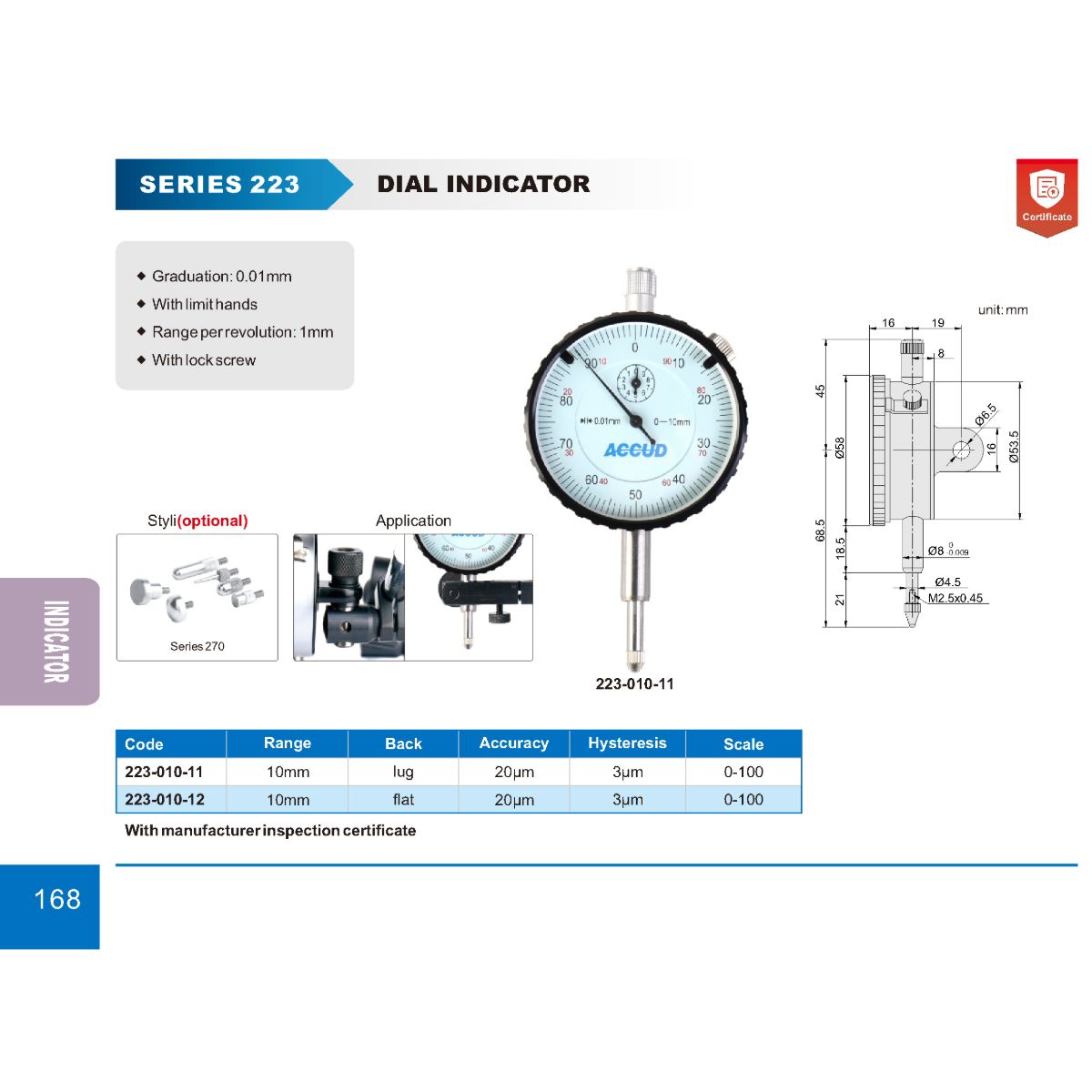 ACCUD - Reloj comparador 0-10 mm. x 0.01mm. 223-010-11 ACCUD