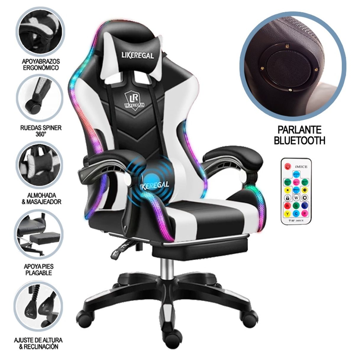 GENERICO - Silla Gamer Luz Rgb Parlante Reposapiés Masajeador Lumbar Variedad de Colores