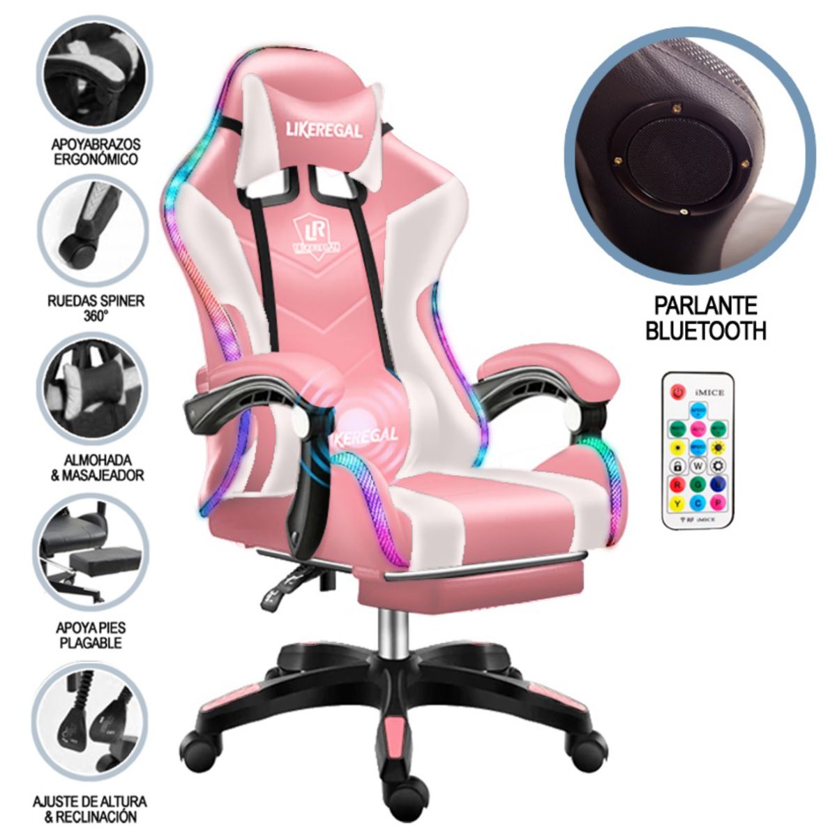 GENERICO - Silla Gamer Luz Rgb Parlante Reposapiés Masajeador Lumbar Variedad de Colores