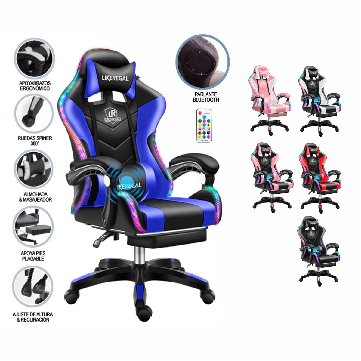 GENERICO - Silla Gamer Luz Rgb Parlante Reposapiés Masajeador Lumbar Variedad de Colores
