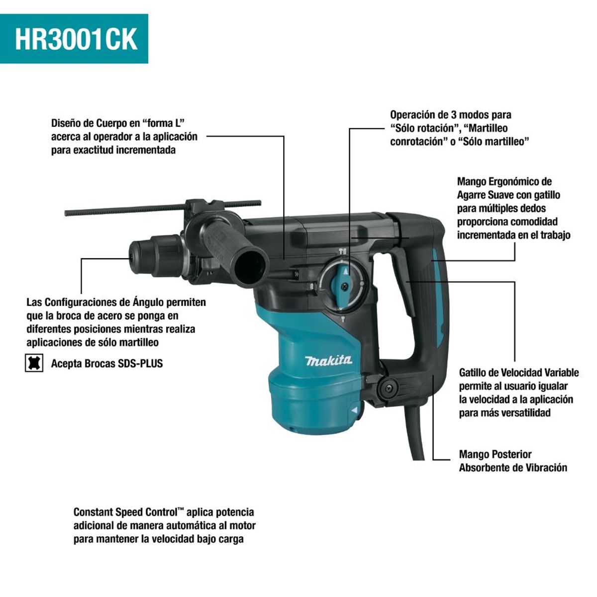 MAKITA - Martillo Combinación Makita Hr3001cj Sds-plus 30 Mm.