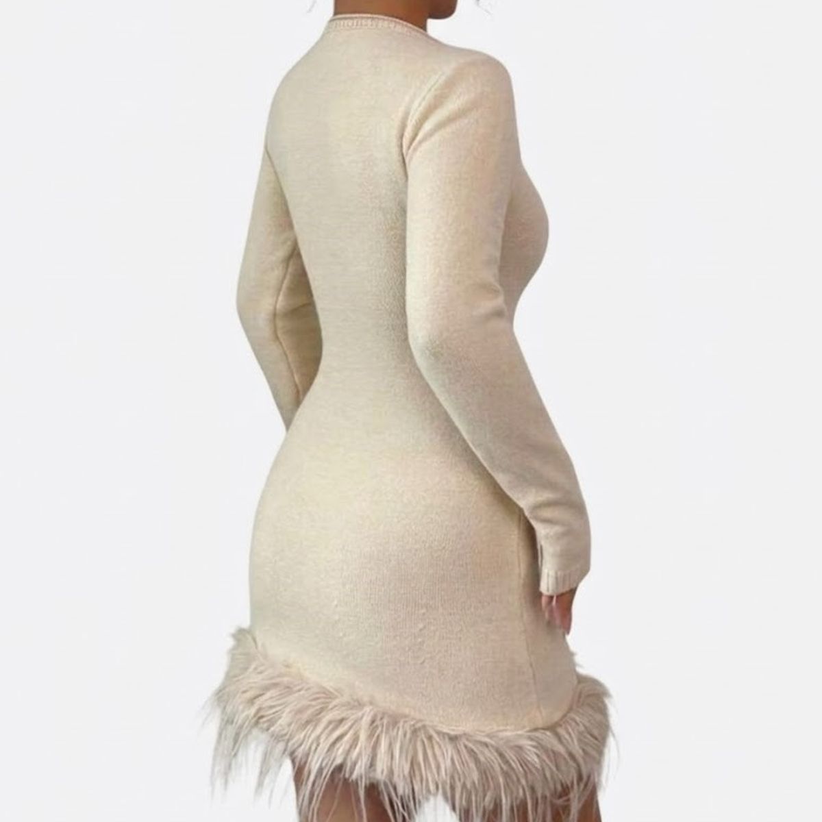 HAMI BOUTIQUE - Vestido Midi de Punto Beige Claro - Detalle de Flecos y Manga Larga