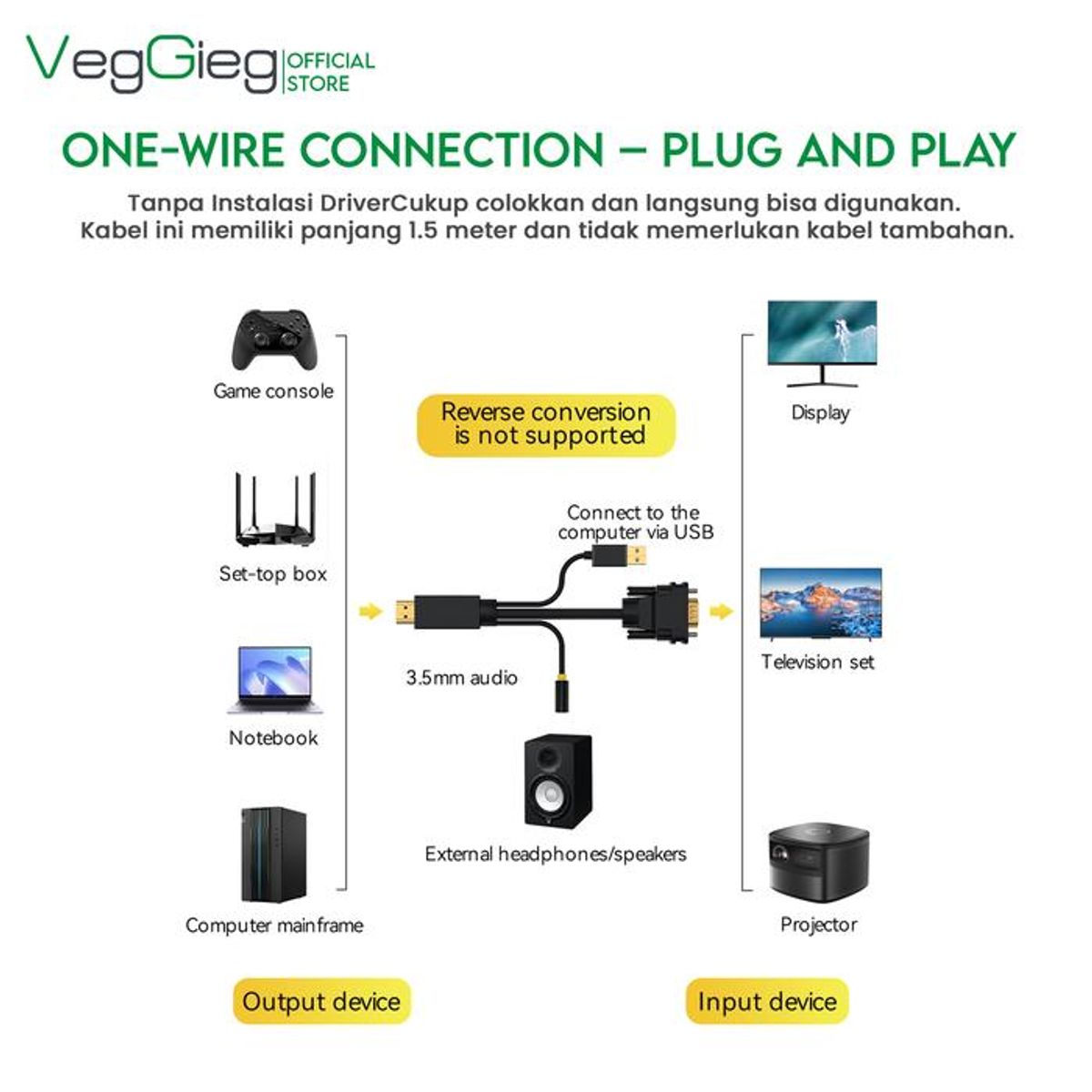 GENERICO - Cable Adaptador Conversor Hdmi A Vga Audio Usb Veggieg 3mts