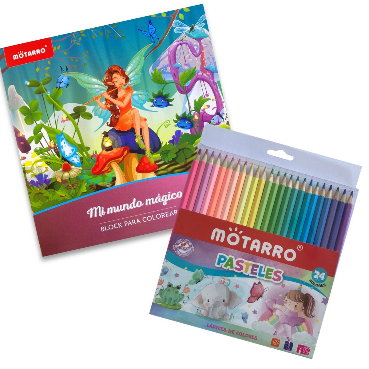 MOTARRO - Libro - Block para colorear - Mi mundo mágico + 24 lápices pastel