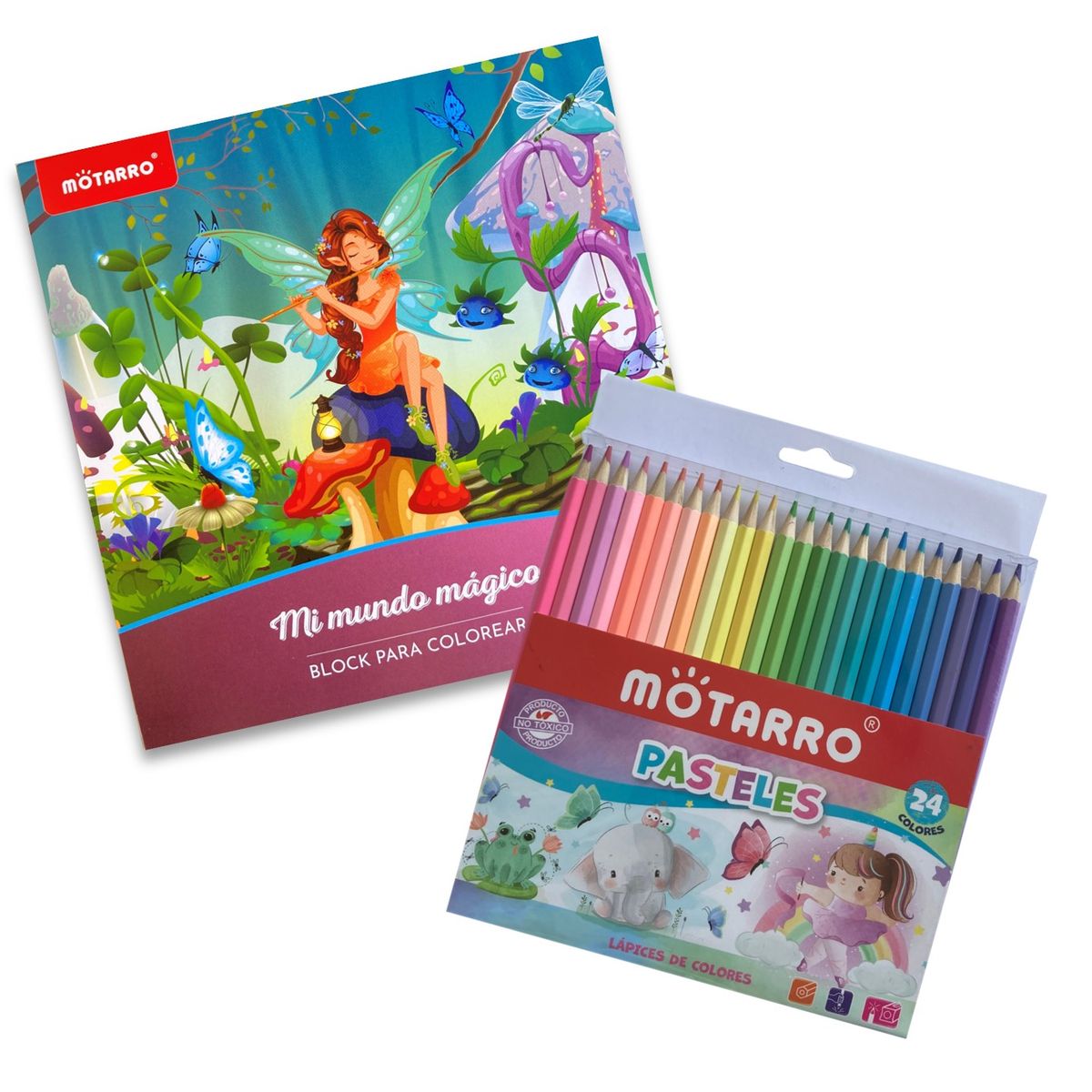 MOTARRO - Libro - Block para colorear - Mi mundo mágico + 24 lápices pastel