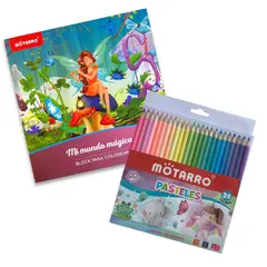 MOTARRO - Libro - Block para colorear - Mi mundo mágico + 24 lápices pastel