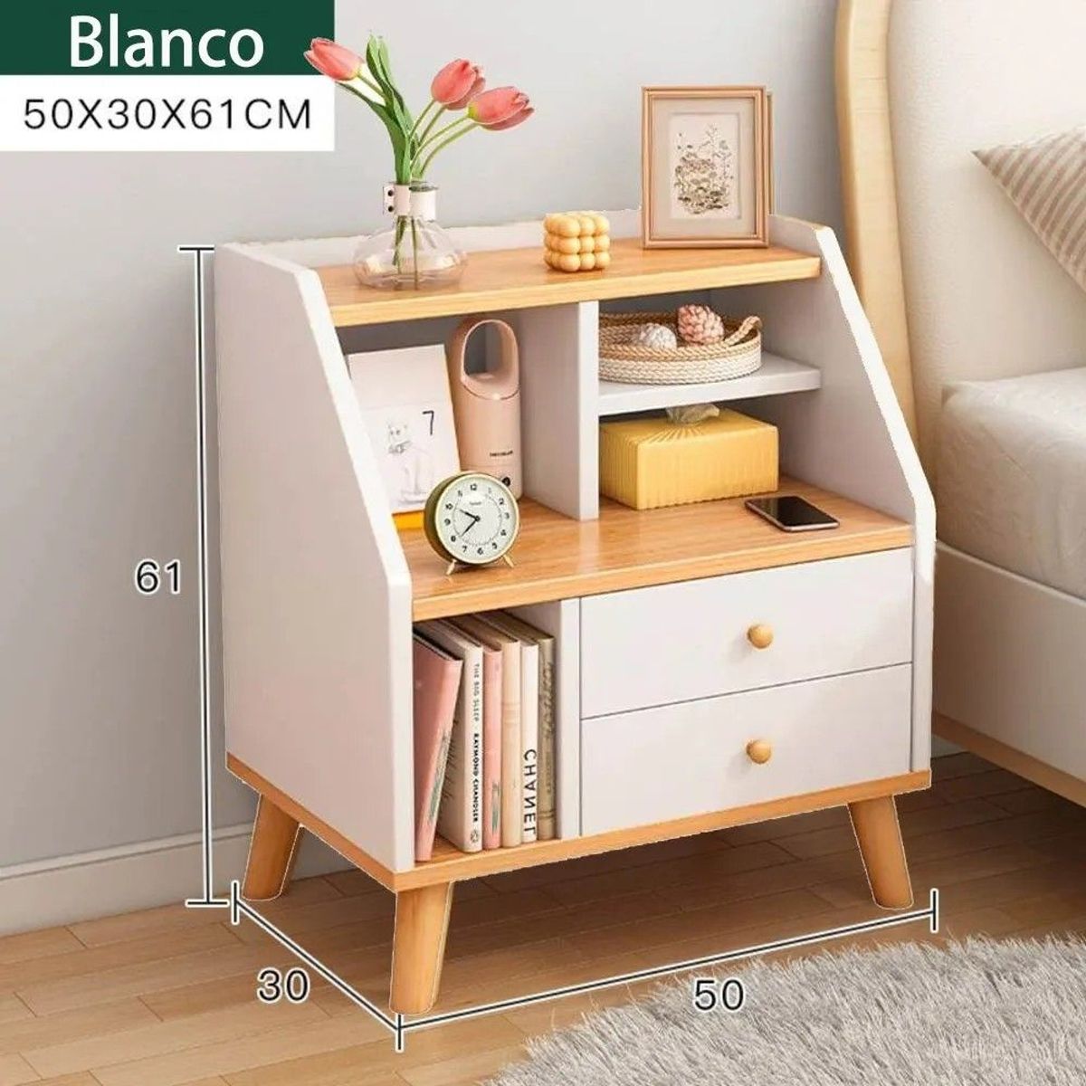 GENERICO - Velador 2 Niveles 2 Cajones 50x30x61cm Color Blanco