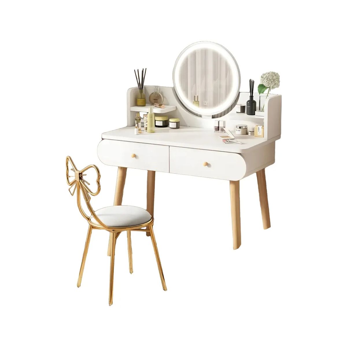 GENERICO - Mesa Espejo Con Silla Peinadora Blanco 2 Cajones Con Luz