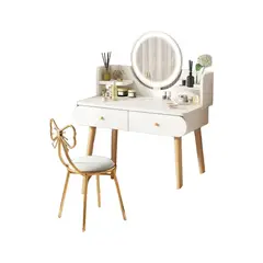 GENERICO - Mesa Espejo Con Silla Peinadora Blanco 2 Cajones Con Luz