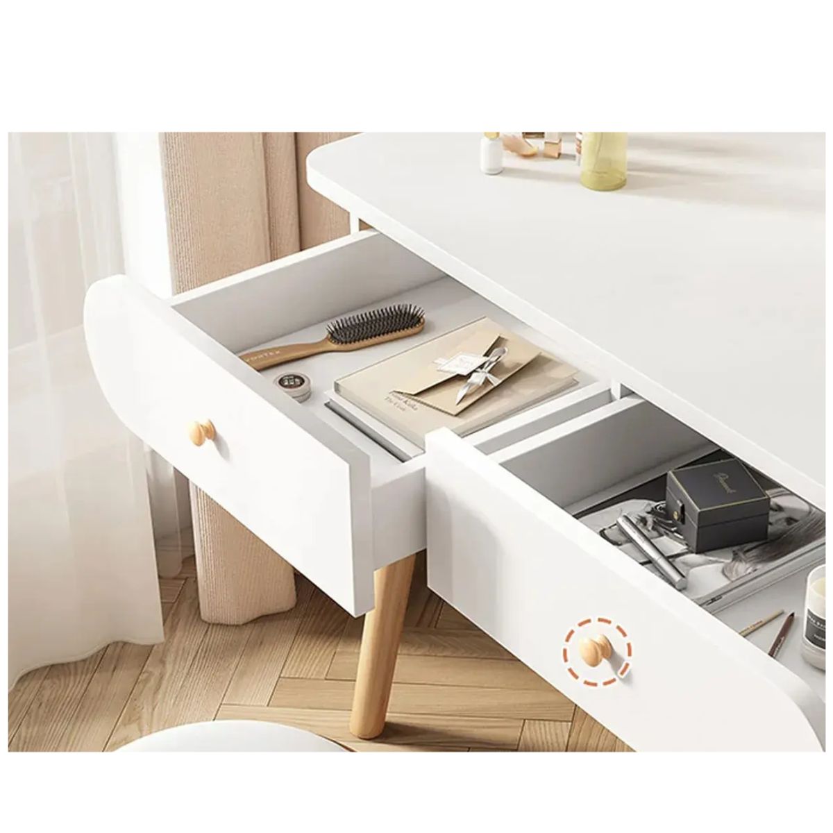 GENERICO - Mesa Espejo Con Silla Peinadora Blanco 2 Cajones Con Luz